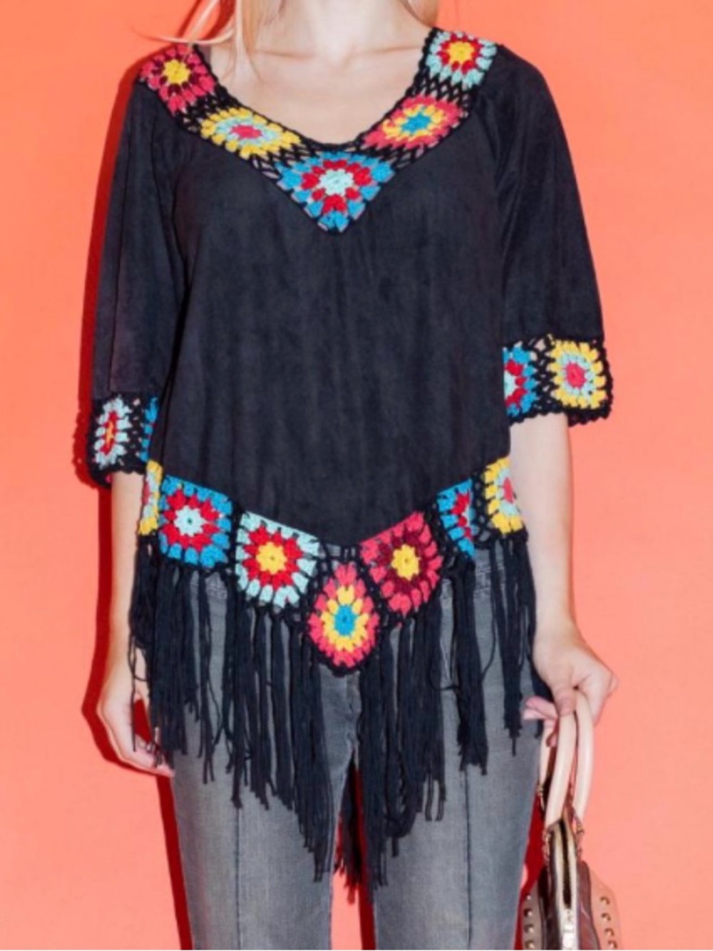 Boho Black Fringe Crochet Accent Blouse - Black